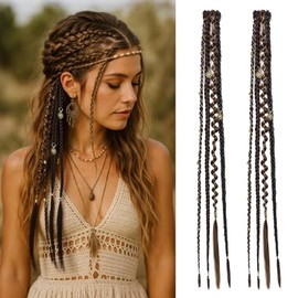 REECHO Clip in Braid Hair Extensions for Women, 20" Boho Dreadlock Clip in Braids with Beads & Charms, 2PCS Handmade Synthetic Braided Hairpieces for 