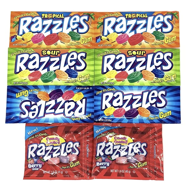 Razzles Gum Candies Variety Pack of 4 Flavors: Berry, Fizzles, Sour, Tropical , and Original (2 of each flavor, Total of 8)