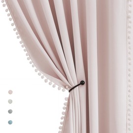 Pink Half-Blackout Curtains 54" Pink Pompoms Curtain Panels for Nursery Room Darkening Thermal Curtain Drapes for Baby Girls Rod Pocket 2pcs