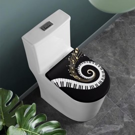 COEQINE Toilet Lid Cover Set 1 Piece Fashion Piano Print for Home Bathroom Decoration Non Slip With Elastic Edge