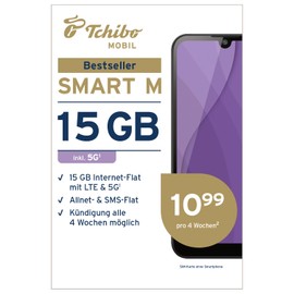 Tchibo MOBIL Smart M SIM-Karte | 15 GB Datenvolumen + Allnet- & SMS-Flat | Surfen mit LTE/5G | Nur 10,99 € alle 4 Wochen | Ohne Lange Vertragsbindung | EU-weites Roaming