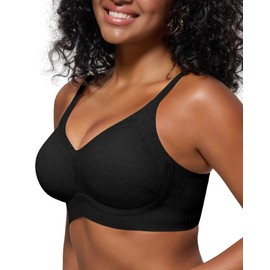 As Fairy Bras for Women Lace V Neck Seamless Wireless No Underwire Supportive Pushup Brasieres Comfort Full Coverage Bralette Black 38D