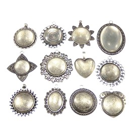 GraceAngie 12 Sets Mixed Antiqued Silver Setting Tray Pendant with Glass Cabochons for Jewelry Making