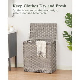 SETVSON Laundry Hamper with Lid Wicker Laundry Basket 112 L (29.6 Gal) Laundry Hampers Handwoven Rattan Clothes Hamper with Handles 3 Removable Liner Bag, 6 Mesh Bags for Bathroom Bedroom Gray