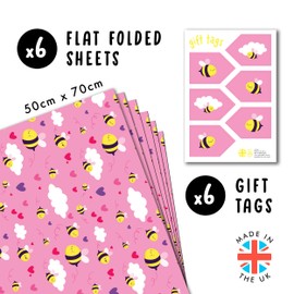 Pink Wrapping Paper - 6 Sheets Of Gift Wrap - Bumble Bee And Heart Pattern - Girls Wrapping Paper For Birthday Baby Shower Valentine's Day - Recyclable - By Central 23