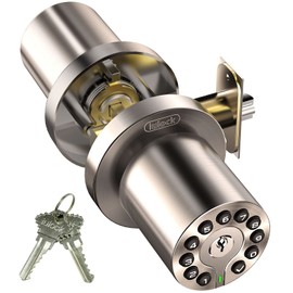 Waterproof Electronic Door Knob with Keypad and Key, Auto Lock, Satin Nickel, 50 Codes, Easy to use and install for Office/Warehouse/Bedroom/Garage