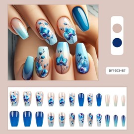 Blue Flower Press on Nails Gradient Fake Nails Medium Coffin Shaped Acrylic Nails Spring Floral False Nails Full Cover Glossy Stick on Nails for Women Nails Manicure Decoration 24 Pcs