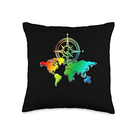Compass Globe Cartography Travelling Colorful World Map Throw Pillow