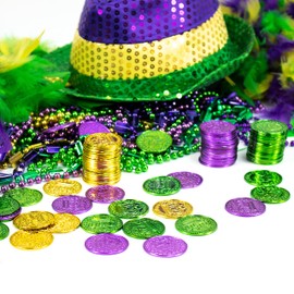 GIFTEXPRESS 144PC Mardi Gras Plastic Coins Assorted Metallic Gold Green Purple Mardi Gras Coins Bulk for Mardi Gras Parade, Party Favors