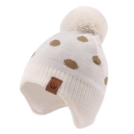 Zsedrut Kids Winter Knitted Hat Scarf Earflap Pompom Beanie Cap for Girls Boys Thick Warm Toddler Hats (Beige Dot Hat, 4-8Y)