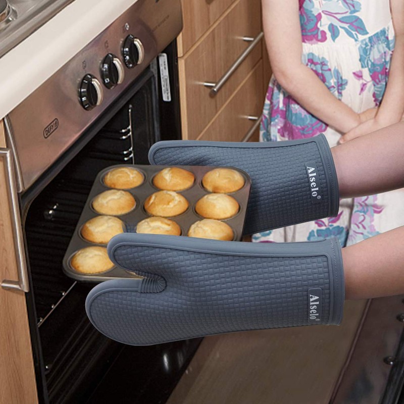 Alselo Silicone Oven Mitts Set, Heat Resistant 550 Degree,7.5"x12"