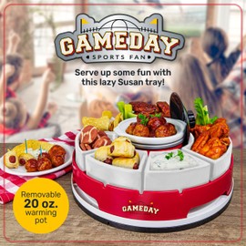 Nostalgia Gameday Heated Slow Cooker and Lazy Susan Serving Set for Parties, Fondue Pot for Dips and Nachos, Red/White