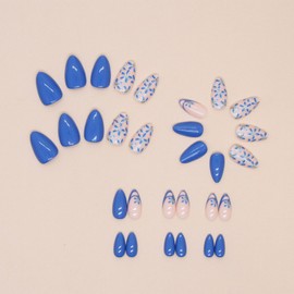 Blue Pink Press on Nails Short Almond Fake Nails French Tip Full Cover Glue on Nails Blue Flower Glossy Acrylic Nails Cute Spring Summer White Floral Stick on Nails for Women Girls Nail Decor 30PCS