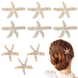 Pack of 9 Starfish Hair Clips, Elegant Pearls Star Hair Clip, Starfish Hair Clip, Rhinestone Hairpin Hair Clip, Shell Hair Accessories for Women, Girls (3 Styles)
