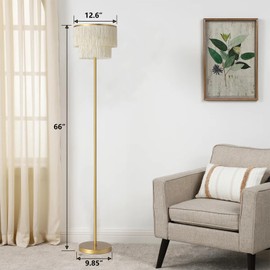 YEPOLI 2 Light Gold Boho Floor Lamp with 2-Tier Tassels/Fringe Lampshade,66" Tall Mid Century Standing Bedroom Lamp,Soft Lighting Nursery Floor Lamp for Bedroom Livingroom