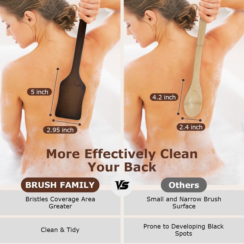 Shower Back Scrubber with Curved Long Handle Medium-Hard Natural Boar