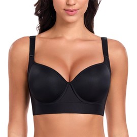 Lemorosy Push Up Bra Full Back Coverage Back Fat Smoothing Underwire Supportive T Shirt Bras for Women (34C,Black)