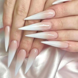 French Tip Press on Nails Long Stiletto Fake Nails Acrylic False Nails with White Ombre Designs Luxury Artificial Glue on Nails Nude Full Cover Nails Press ons Almond Stick on Nails for Women 24Pcs