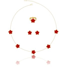 Gold Plated Five Leaf Clover Necklace Rings and Stud Earrings Set for Women Lucky Flower Jewelry (Red-14K Gold Plated)