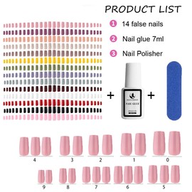 336 pcs Press on Nails Medium Length, Short Coffin Press on False Nails , Acrylic Short Ballerina Fake Nail Tips ,Artificial Acrylic Nails Tips Kit for 14 Color Nails With 7g Nail Tips Glue & Nail File For Nail DIY Ar