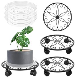 lucpur 3 Pack Metal Plant Caddy with Wheels 13.5 Inch Plant Stand with Wheels Heavy Duty Wrought Iron Rolling Plant Stand Plant Dolly Plant Rollers Plant Cart Plant Mover with 3 Pack Plant Saucers