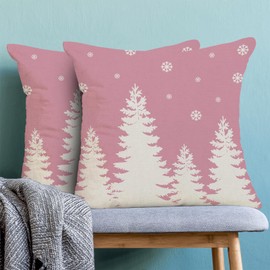 CXMEIFLY Christmas Pillow Covers 22x22 Inch Set of 2 Pink White Christmas Tree Snowflakes Decor Throw Pillows Winter Xmas Holiday Outdoor Cushion Cases for Couch Bed Decorations