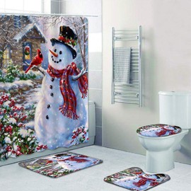 4 Piece Christmas Bathroom Decor with Shower Curtain Set, Xmas Cute Bath Accessory Decorations Sets Tub Curtains Toilet Seat Cover Non Slip Area Rugs Mats Hooks Snowman Santa Claus Elk Rug