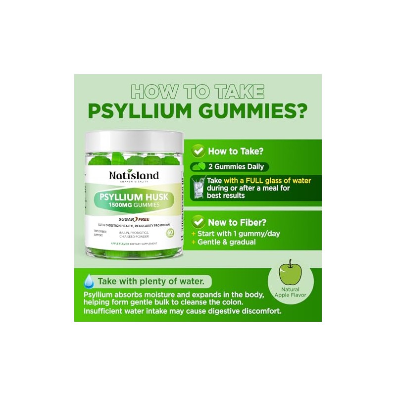 Psyllium Husk Gummies, 1500mg Psyllium Husk Fiber Supplement with Probiotics,