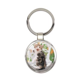 Cat : Gift Round Keychain Cute Animal Kitten Funny Friend Flowers Pet
