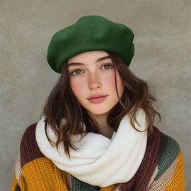 Clakllie Wool Blend French Beret for Men Women Artist Beanie Beret Solid Color Classic Beanie Winter Warm Caps,Green