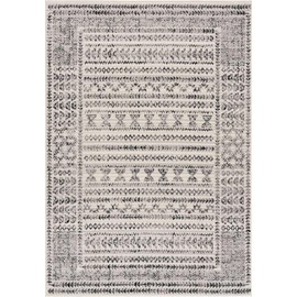 Hauteloom Greig Farmhouse Moroccan Geometric Area Rug - Boho Aztec Tribal Carpet for Living Room, Bedroom, Dining Room - Bordered - Off White, Black, Grey - 4'3" x 5'7"