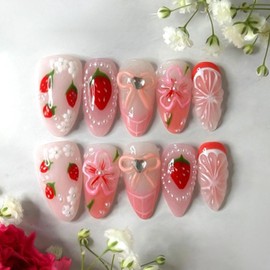 Strawberry Press on Nails Flower Fake Nails Pink False Nail with Ombre Design French Tip Nail Press ons Bow Glue on Nails Glossy Full Cover Acrylic Almond Stick on Nail for Women Manicure 24Pcs