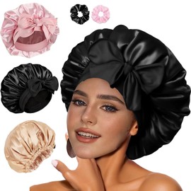 3 PCS Gorros de Satén,Gorros De Dormir de Seda,Gorro de Pelo Rizado de Satén,Gorro de Pelo Rizado de Satén，para Dormir,Ducha y Belleza con un coletero de regalo
