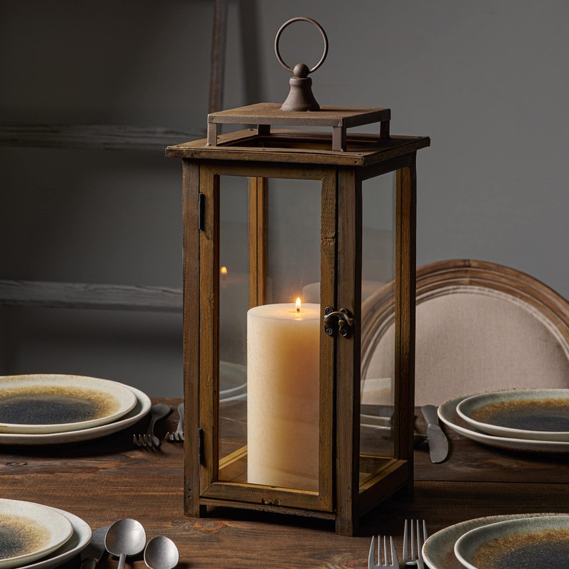 Stonebriar 18 Inch Rustic Wooden Candle Hurricane Lantern, For Table