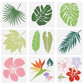 Doodlream 9Pcs Tropical Leaf and Flower Wall Stencil Templates 11.8 x 11.8 Inch Plastic Reusable Art Stencils for Painting on Walls Floors Fabric Furniture Glass DIY Home Decor