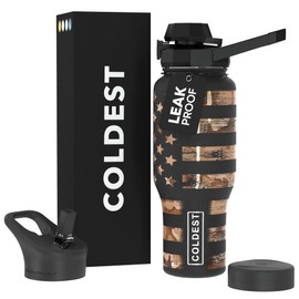Coldest Sports Water Bottle - 3 in 1 Lids (Chug, Straw, Handle) - Insulated Stainless Steel Tumbler with Handle - Vacuum Water Flask Cup, Valentines Gifts for Him Her (36 oz, The American)