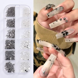SUTOKAKA Mini Metal Nail Beads 3D Nail Art Charms, Mixed Sizes Silver Gun Grey Half Round Flatback Stainless Steel Caviar Beads Nail Studs Jewelry with Pickup Tweezers for DIY Nail Art and Crafting Decorations