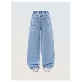 WDIRARA Girl's Cute Bow Print Ripped Jeans Elastic Waist Wide Leg Baggy Demin Pants Light Wash 10Y