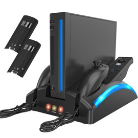 KEKUCULL Game Organizer Station for Wii Remote Charger, Charging Dock Station for Controller, Wii Stand with 2 Pcs Rechargeable Battery for Wii Console Nunchuk Game Accessories Kit Storage