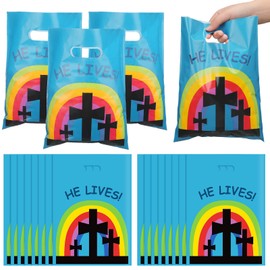 Oudain 60 Pcs Easter Religious Goody Bags He Lives Plastic Kids Christian Cross Treat Bag with Handles Bible Candy Gift Packaging Decorations for Party Supplies(Cross)