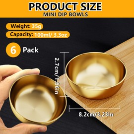 6 Pack Small Stainless Steel Dipping Sauce Bowls, Individual Round Pinch Bowls for Side Dishes, Sushi Dipping Bowl, Ingredient Bowl for Prep, Condiment (Gold)