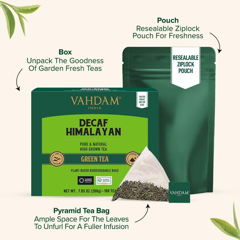 VAHDAM, Decaf Himalayan Green Tea Bags (100 Pyramid Tea Bags)