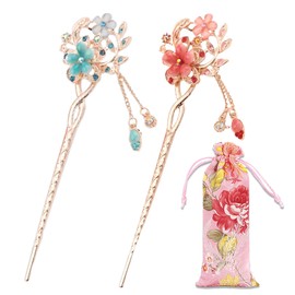 FOUNSHO Pack of 2 Retro Hair Sticks, Opal Flower, Hair Sticks, Vintage Chinese Hairpins, Elegant Hair Clip, Old Hair Sticks, Hair Decor Accessories for Women, Girls, Birthday Gift (Blue + Pink)