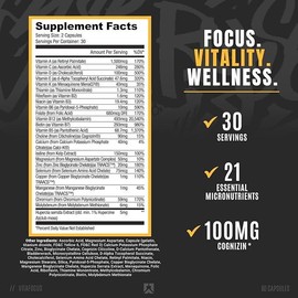 RYSE Core Series VitaFocus | Multivitamin + Nootropic | Total Brain & Body Support | with 13 Essential Vitamins & 8 Essential Minerals | 60 Capsules