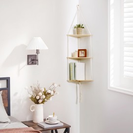 Artilady White Corner Floating Shelves Wall Hanging- Macrame 3 Tier Corner Shelf Plant Wall Decor Boho Rustic Wooden Storage Orgnizer for Bedroom Living Room Pots Photos