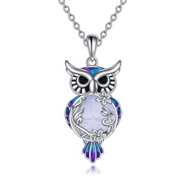YAFEINI Moonstone Owl Necklace Gifts Sterling Silver Filigree Owl Pendant Necklace Jewellery for Women and Girls, Sterling Silver, Agate