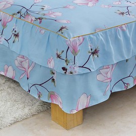 Zhiyuan Flower Sky Blue Two Layers Ruffle Bed Skirt Bedspread Sheet and Pillowcases Set, Full