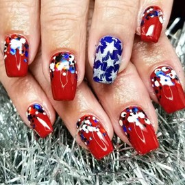 4th of July Press on Nails Square Medium July 4th Fake Nails Glitter Sequins Stars Glue on Nails Blue Red Design Independence Nails Press ons Glossy Artificial Stick on Nails for Women 24Pcs