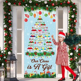 Wiooffen Christmas Classroom Door Cover Decoration Winter Christmas Gift Boxes Door Banner Xmas Trees Light Bulb Hanging Porch Backdrop for Winter Holiday School Front Door Indoor Wall Window Decor