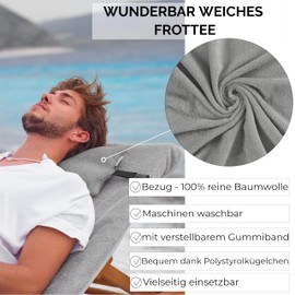 CalmyBEACH Beach Cushion Filled with Attachment Strap - Adjustable Travel Pillow Neck Pillow for Sun Lounger Garden Chair 32 x 20 cm - Camping Cushion Terry Cloth Cover 100% Cotton (Grey)